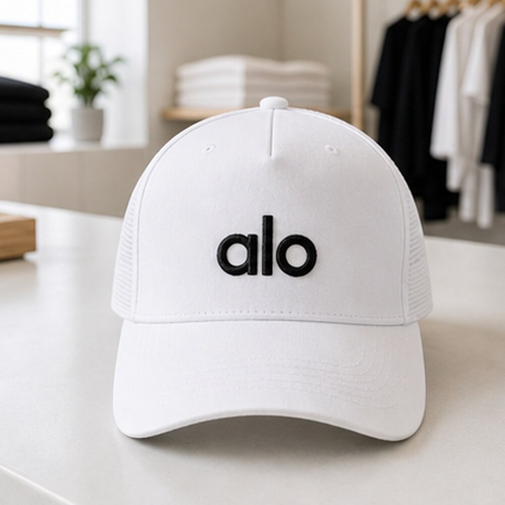 ALO Yoga White Black Clean Mesh Trucker Cap Hat OS